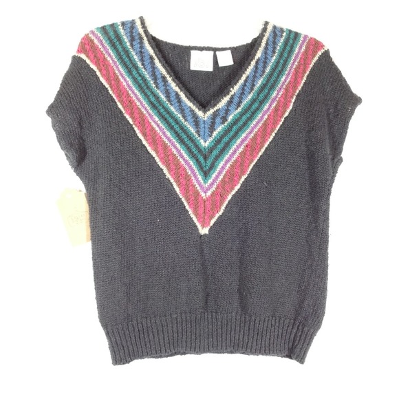 jbj Sweaters - VTG jbj Knit Sweater Vest Womens Large Black Chevron V-Neck 80s 90s Boho Retro